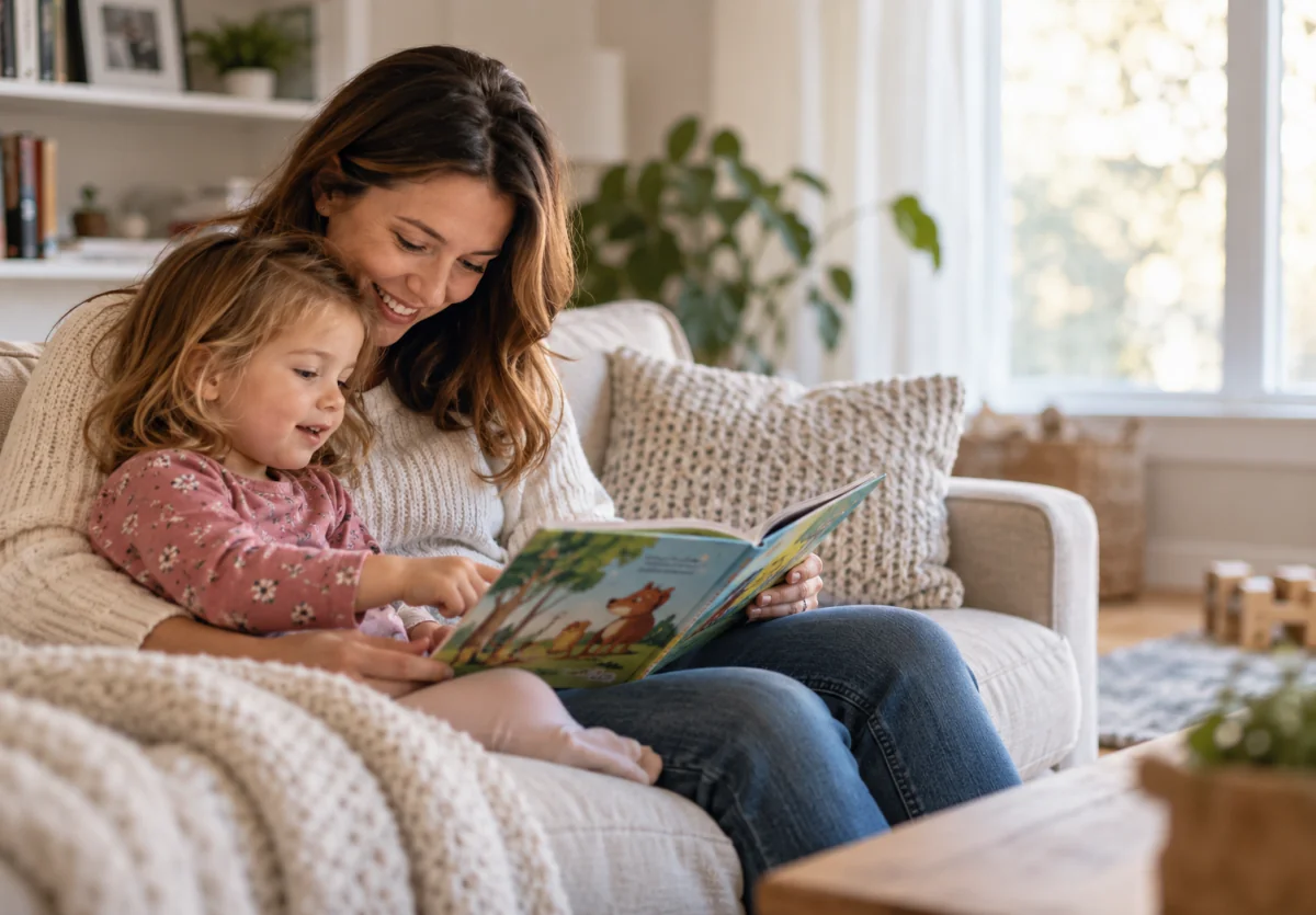 A mother reading a picture book with her young daughter on the sofa